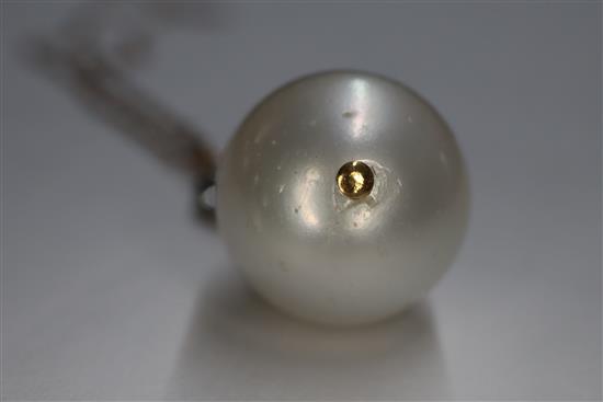 A yellow metal, rose cut diamond and cultured pearl set drop pendant, on a yellow metal chain, pendant approx. 28mm.